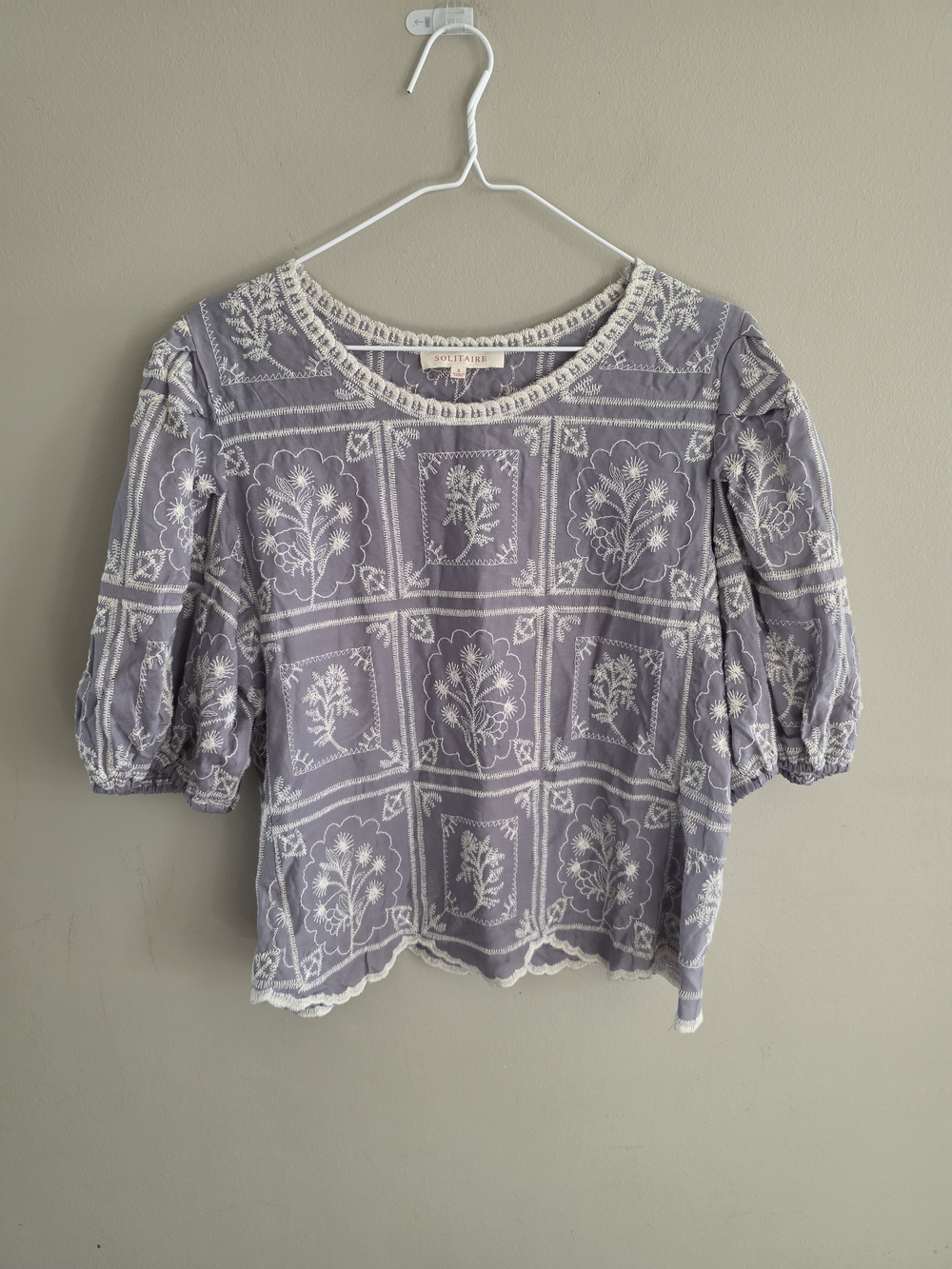 Solitaire Embroidered Boho Blouse Small Gray Lavender Puff Sleeve Cottagecore